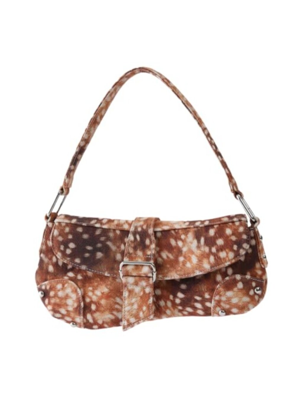 Vintage Canvas Baguette Shoulder Bag with Deer Print Buckle Design